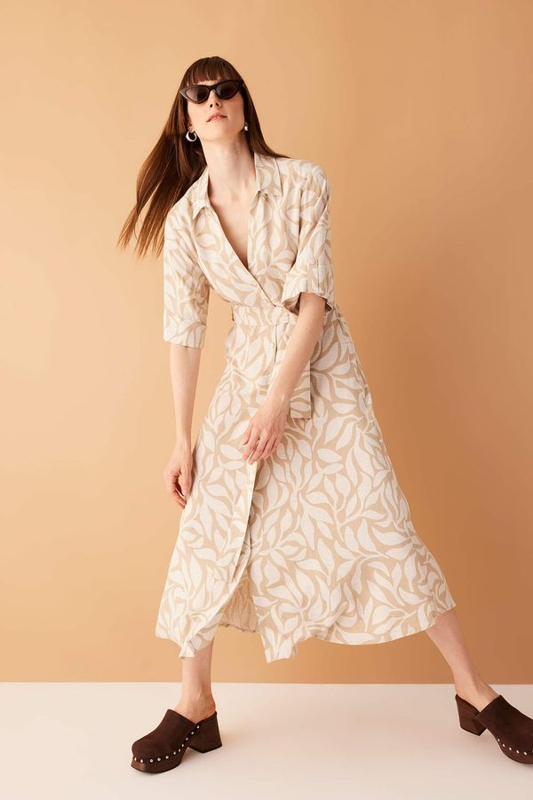 DEFACTO DEFACTO Shirt Collar Patterned Short Sleeve Linen Blend Midi Dress