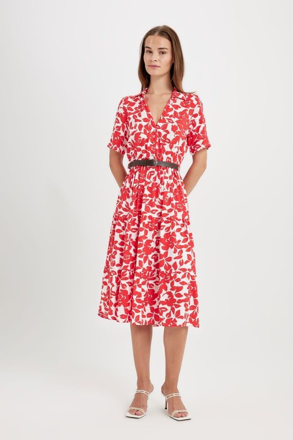 DEFACTO DEFACTO Shirt Collar Patterned Short Sleeve Midi Dress