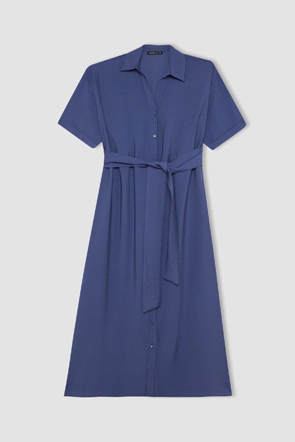 DEFACTO DEFACTO Shirt Collar Short Sleeve Belted Midi Dress