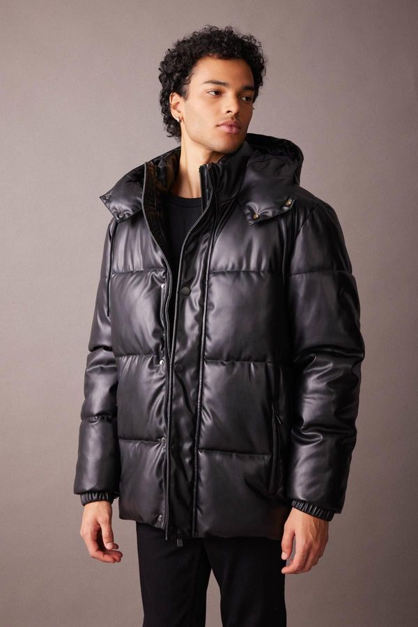 DEFACTO DEFACTO Slim Fit Hooded Faux Leather Puffer Coat