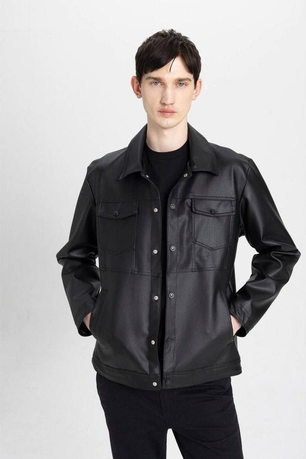 DEFACTO DEFACTO Slim Fit Shirt Collar Taffeta Faux Leather Coat