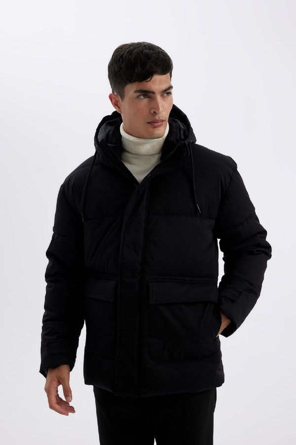 DEFACTO DEFACTO Slim Fit Slim Cut Hooded Zippered Double Pocket Puffer Jacket Coat