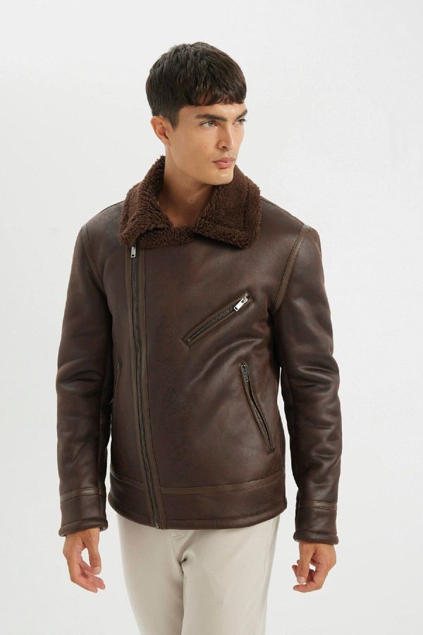 DEFACTO DEFACTO Slim Fit Slim Fit Zipper Collar Faux Für Lined Zippered Faux Leather Coat