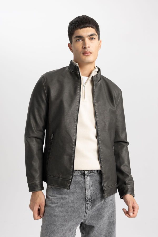 DEFACTO DEFACTO Slim Fit Stand Collar Jacket Faux Leather Coat