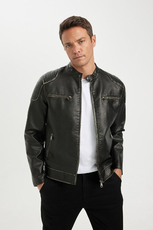 DEFACTO DEFACTO Slim Fit Stand Collar Lined Faux Leather Jacket Coat