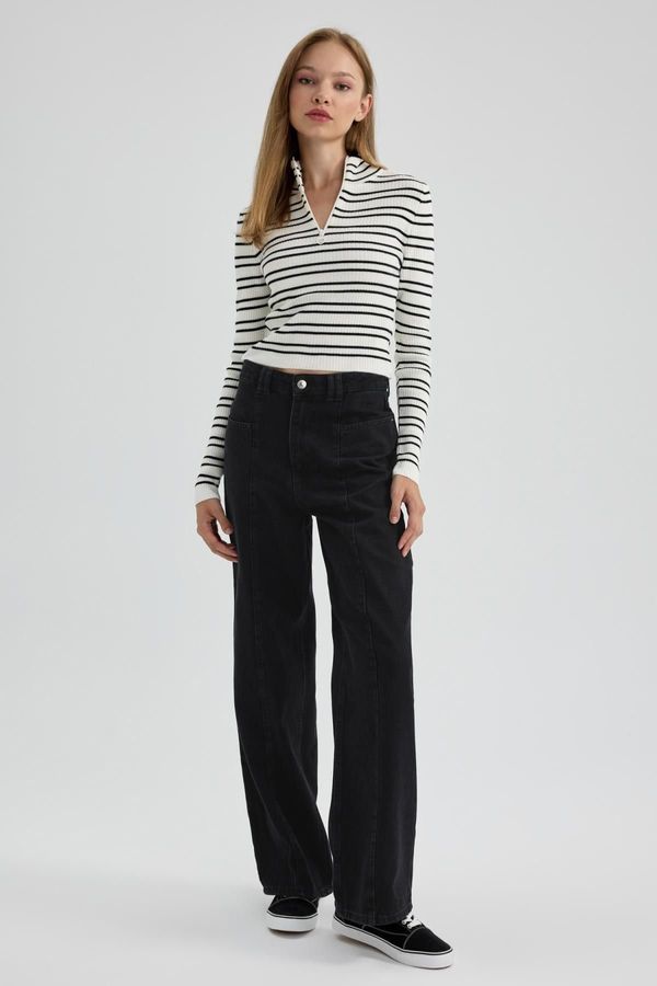 DEFACTO DEFACTO Slim Fit Zippered High Collar Striped Sweater