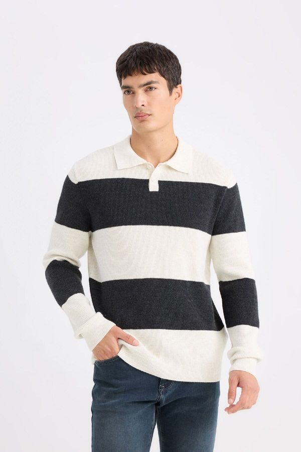 DEFACTO DEFACTO Standard Fit Polo Collar Striped Knit Sweater