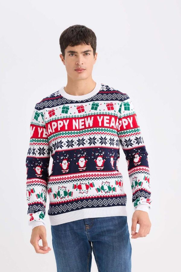 DEFACTO DEFACTO Standard Fit Regular Cut Christmas Themed Crew Neck Knit Sweater