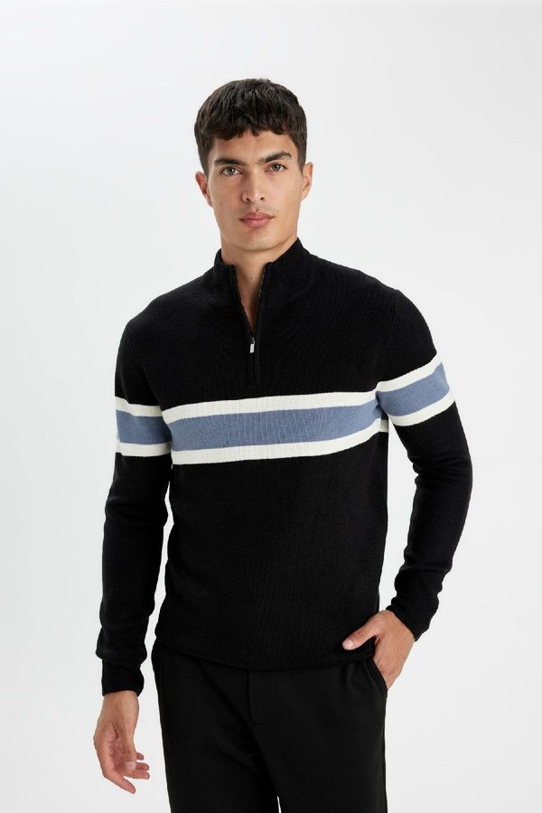 DEFACTO DEFACTO Standard Fit Regular Cut Stand Collar Zippered Striped Knitwear Sweater