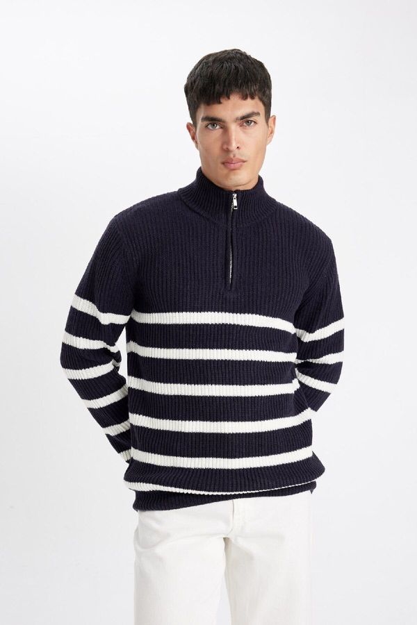 DEFACTO DEFACTO Standard Fit Stand Collar Half Zipper Striped Knitwear Sweater