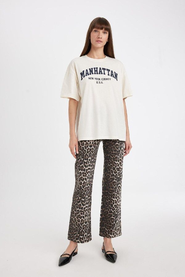 DEFACTO DEFACTO Straight Fit Leopard Patterned High Waist Pocket Long Gabardine Trousers