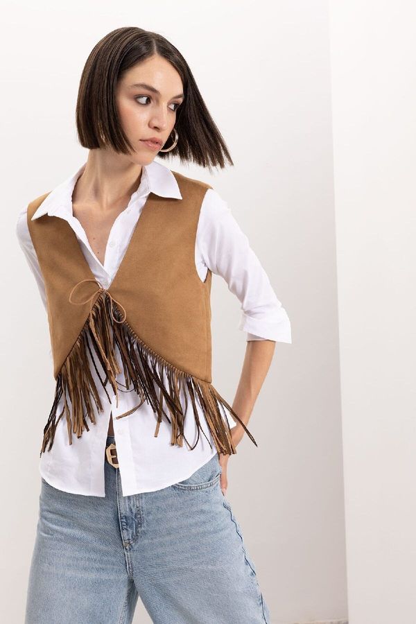 DEFACTO DEFACTO Tie Detailed Cowboy Model Tassel Suede Vest