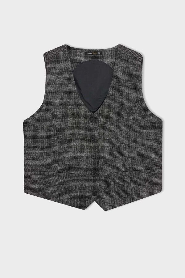 DEFACTO DEFACTO V Neck Checked Button Closure Blazer Vest