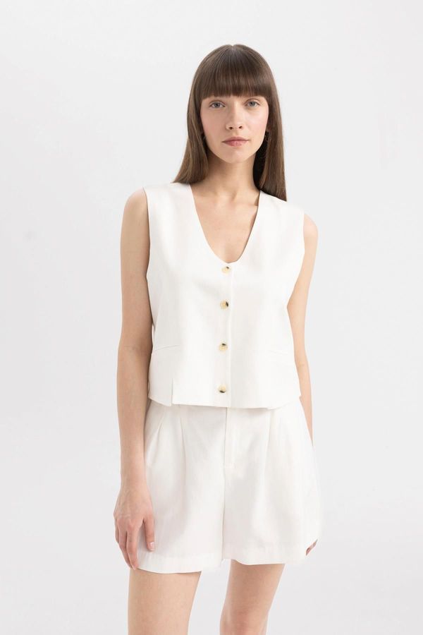 DEFACTO DEFACTO V-Neck Linen Blend White Blazer Vest