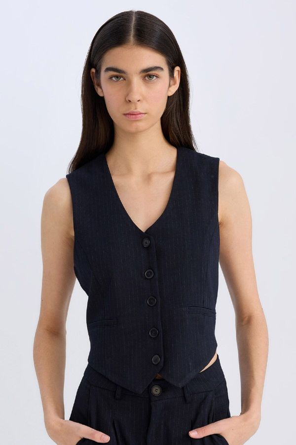 DEFACTO DEFACTO V Neck Striped Buttoned Blazer Vest