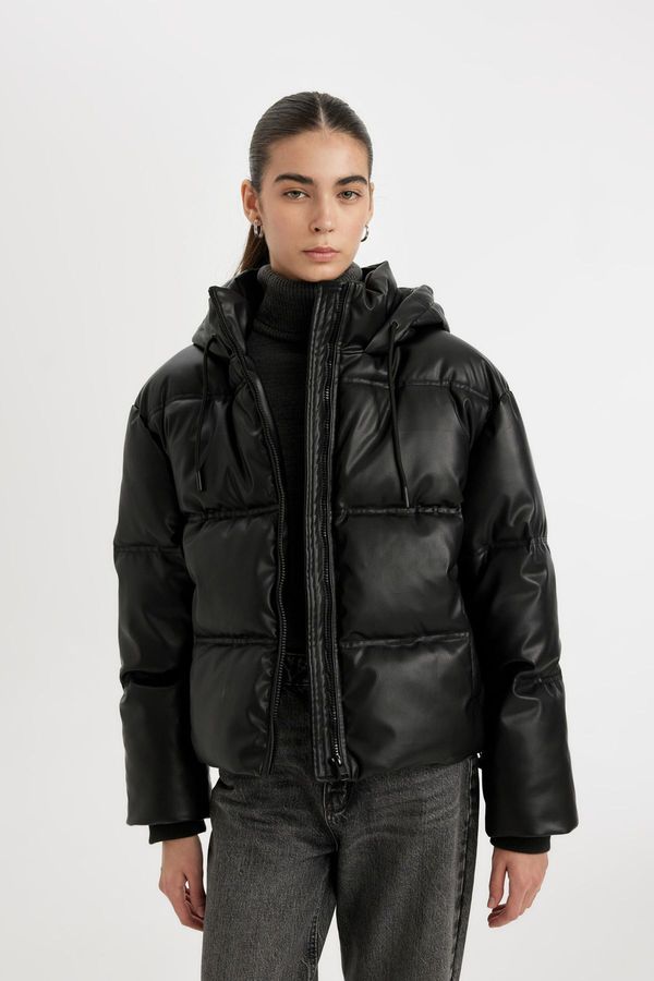 DEFACTO DEFACTO Water Repellent Faux Leather Jacket Hooded Inside Polar Fleece Zippered Pocket