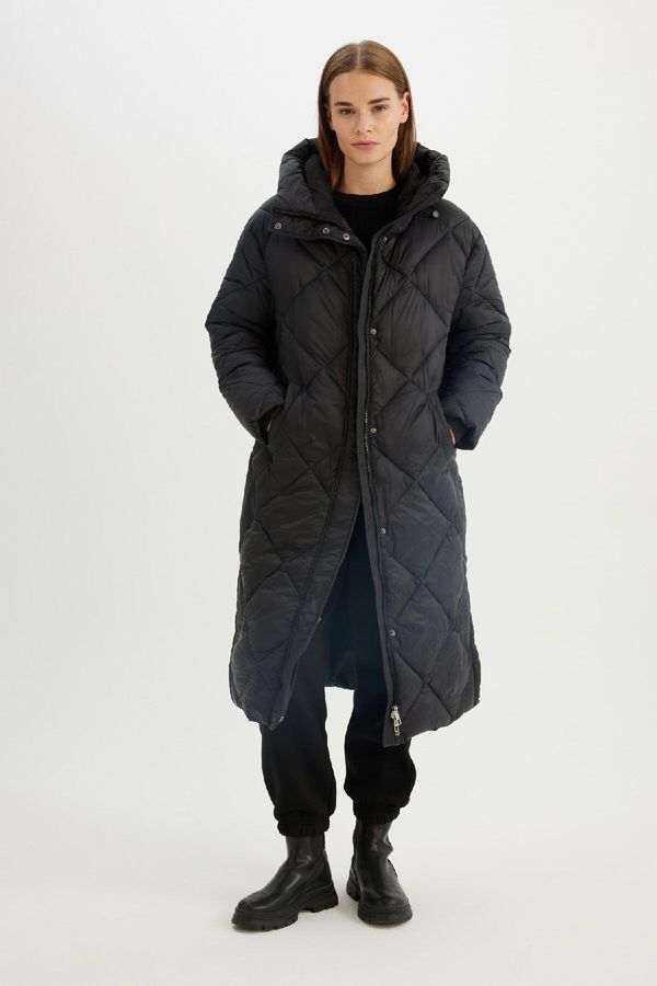 DEFACTO DEFACTO Water Repellent Hooded Long Coat Parka Quilted Zipper Snap Closure Pocket