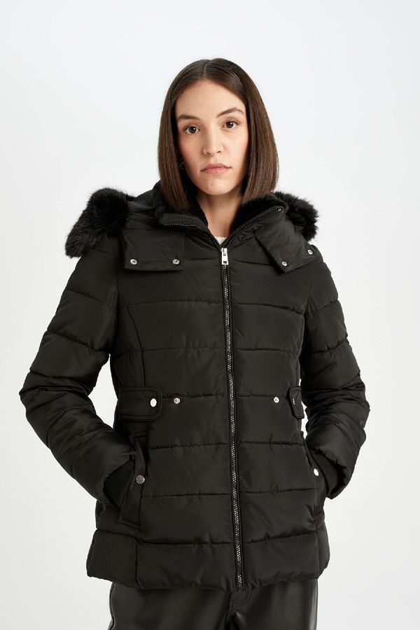 DEFACTO DEFACTO Water Repellent Lightweight Long Puffer Jacket with Removable Faux Fur Hood and Quilted Zipper and Snap Pockets