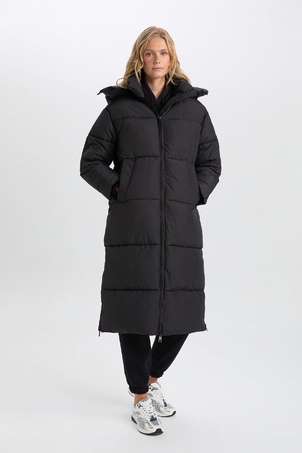 DEFACTO DEFACTO Water Repellent Long down Coat Parka Thermal Insulated Hooded Quilted with Zipper Pocket