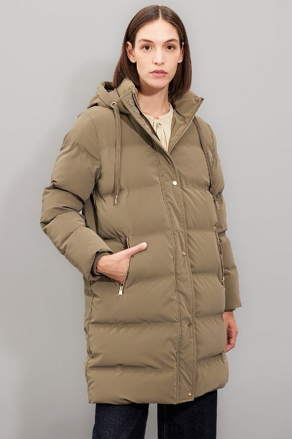 DEFACTO DEFACTO Water Repellent Long Puffer Jacket Parka Hooded Zipper Snap Closure Pocket