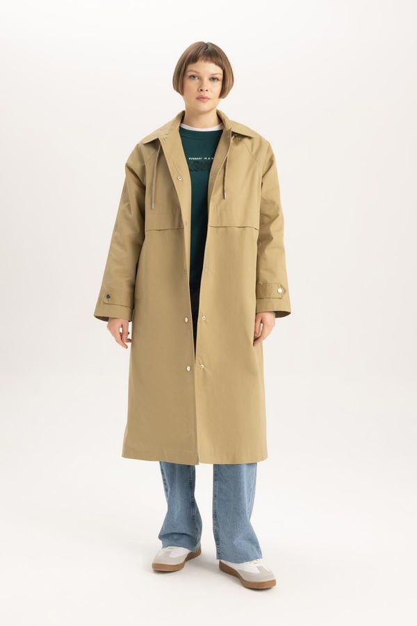 DEFACTO DEFACTO Water Repellent Long Trench Coat Oversize Wide Cut Detachable Hooded Tied Waist