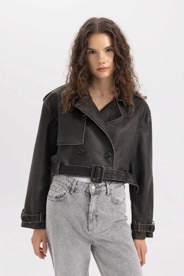 DEFACTO DEFACTO Water Repellent Regular Fit Belted Distressed Leather Faux Short Jacket