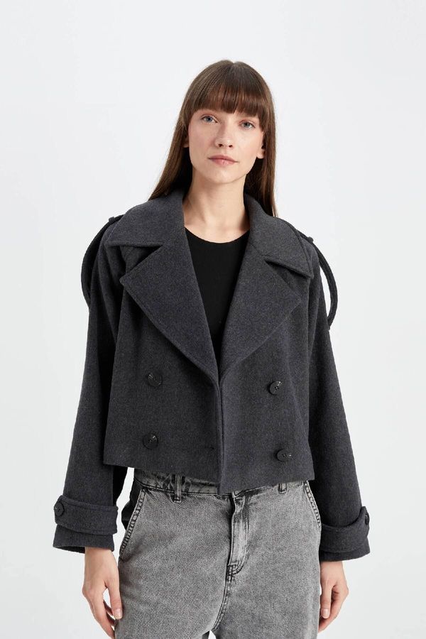 DEFACTO DEFACTO Water Repellent Regular Fit Jacket Buttoned Collar Epaulette Belted Unlined Short Cashmere Coat