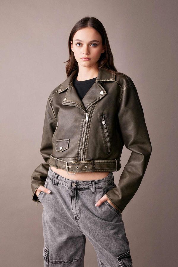 DEFACTO DEFACTO Water Repellent Relax Fit Faux Leather Belted Crop Biker Jacket