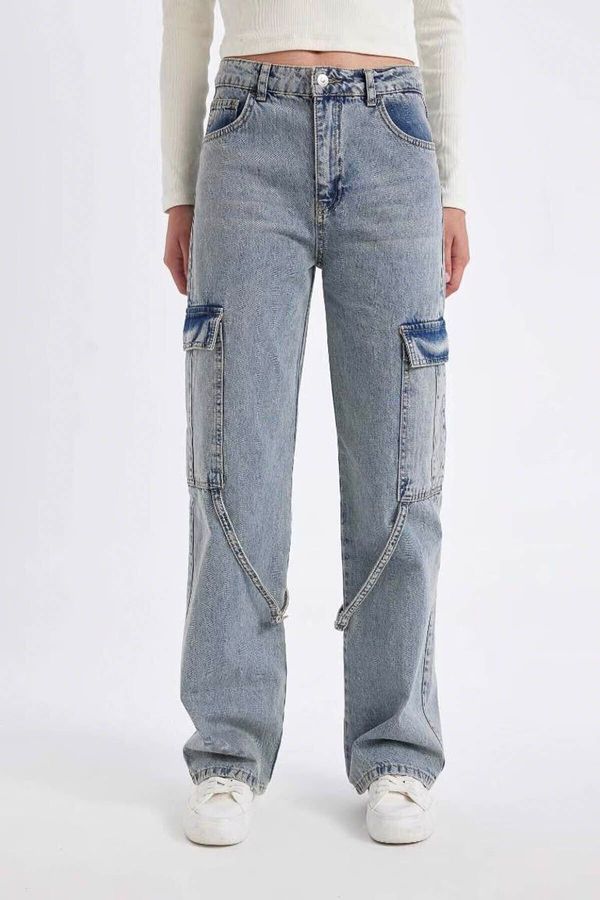 DEFACTO DEFACTO Wide Leg Cargo High Waist Long Jean Washed Trousers