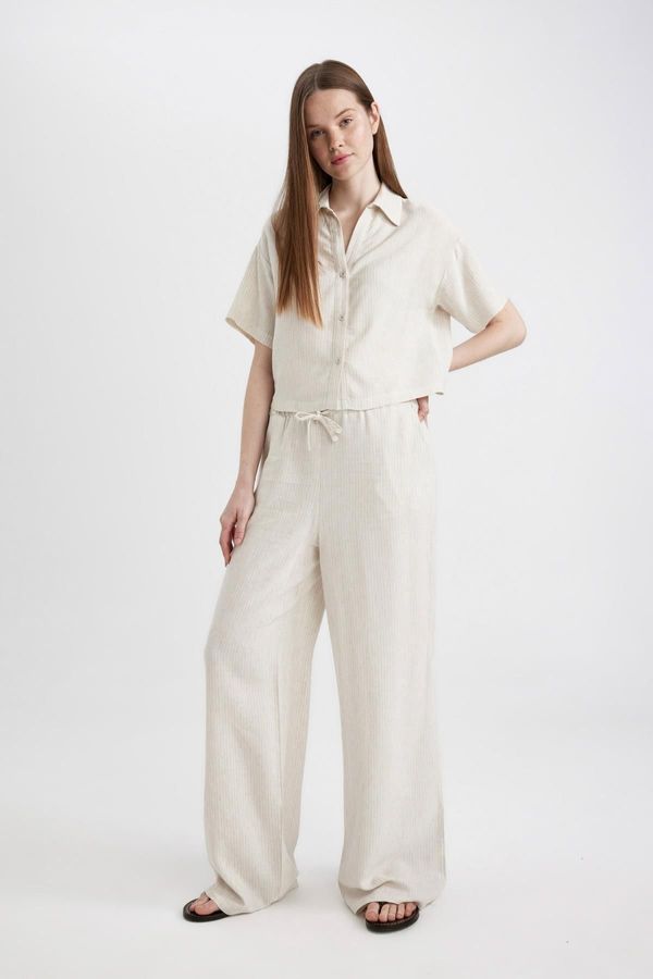 DEFACTO DEFACTO Wide Leg Double Pocket High Waist Standard Length Linen Blend Trousers