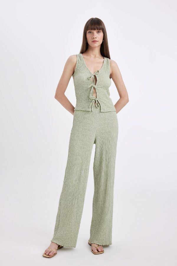 DEFACTO DEFACTO Wide Leg Elastic Waist Basic Plain Crepe Trousers