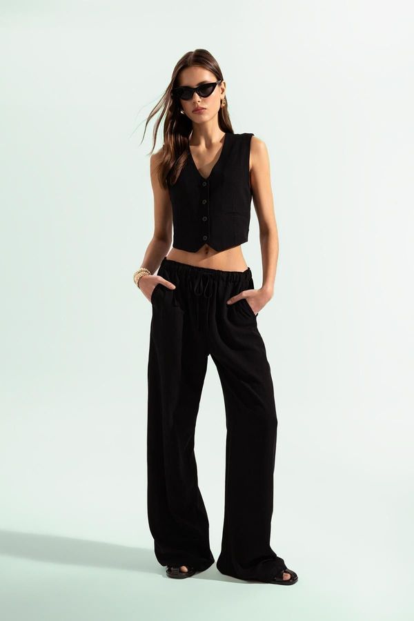 DEFACTO DEFACTO Wide Leg Three Pockets Regular Waist Standard Length Linen Blended Pants