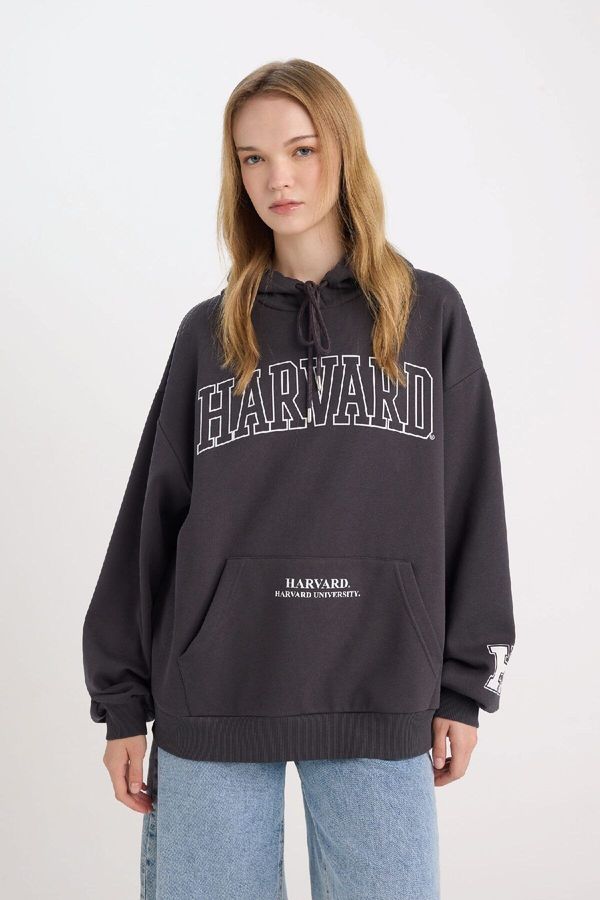 DEFACTO DEFACTO Women's Anthracite Harvard University Oversize Fit Wide-Size Hooded Printed Thick Sweatshirt