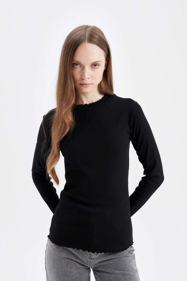 DEFACTO DEFACTO Women's Black Half Turtleneck Ribbed Camisole Basic Plain Long Sleeve T-Shirt Tunic