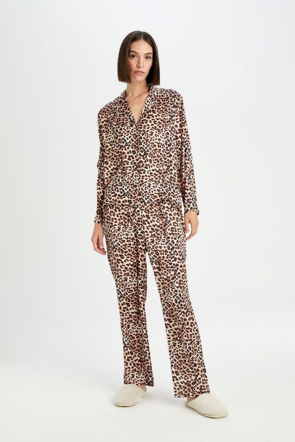 DEFACTO DEFACTO Women's Fall In Love Leopard Print Long Sleeve Top Bottom Satin Pajama Set