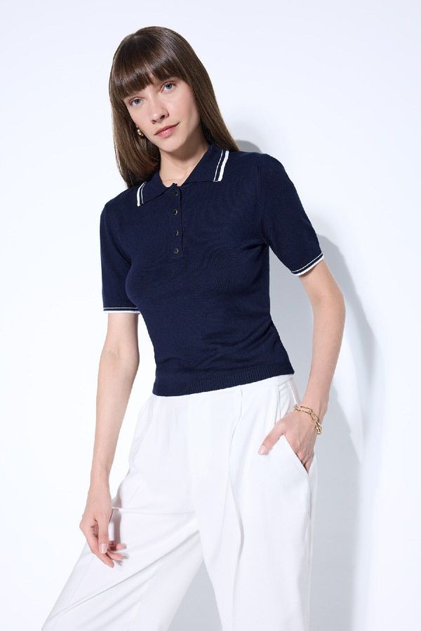 DEFACTO DEFACTO Women's Navy Blue Regular Fit Polo Collar Button Down Basic Plain Short Sleeve Sweater