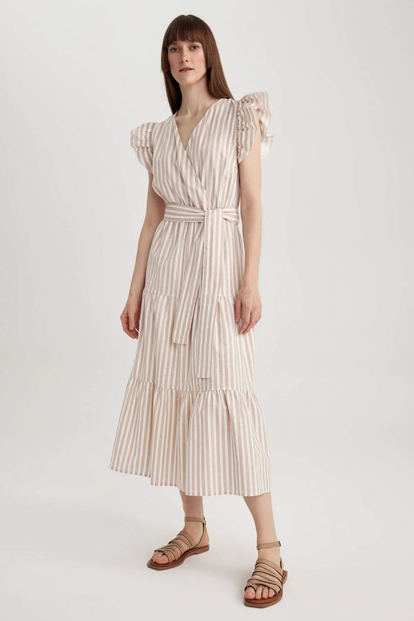 DEFACTO DEFACTO Wrap Collar Striped Linen Look Butterfly Sleeve Midi Short Sleeve Dress