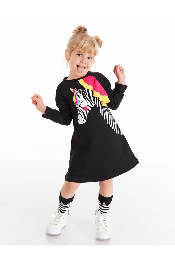 Denokids Denokids Black Unicorn Zebra Girl's Long Sleeve Ruffle Detailed Dress