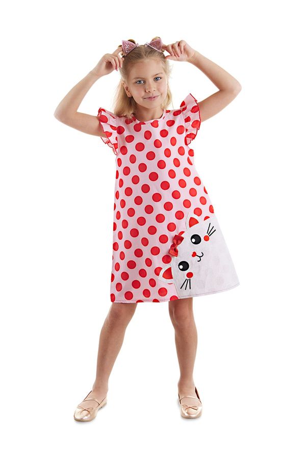 Denokids Denokids Chubby Cat Girl's Poplin Pink Ruffle Summer Dress