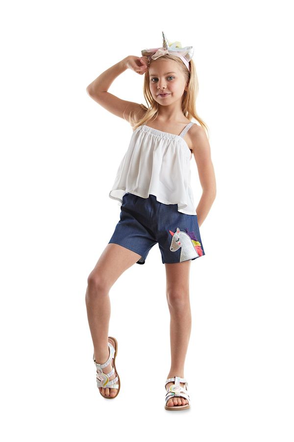 Denokids Denokids Colorful Tasseled Unicorn Girl Blouse Denim Shorts Set