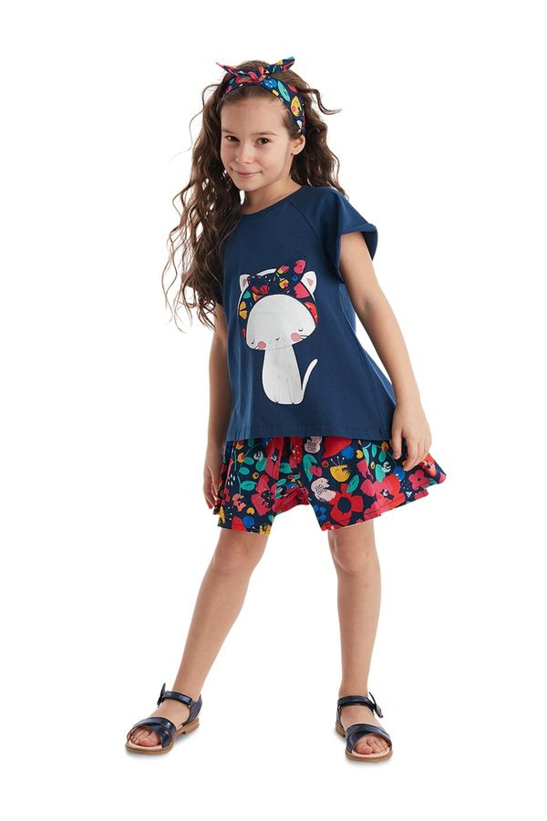 Denokids Denokids Floral Cat Girl's Navy Blue Summer T-shirt Poplin Shorts Set