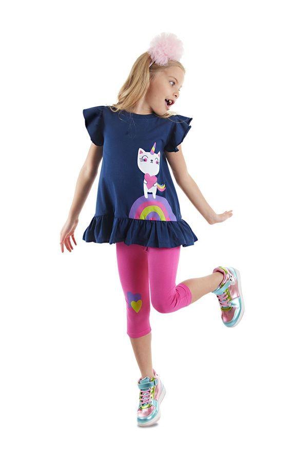 Denokids Denokids Navy Blue Pink Unicorn Cat Frilly Girl's Summer T-shirt Tights Set