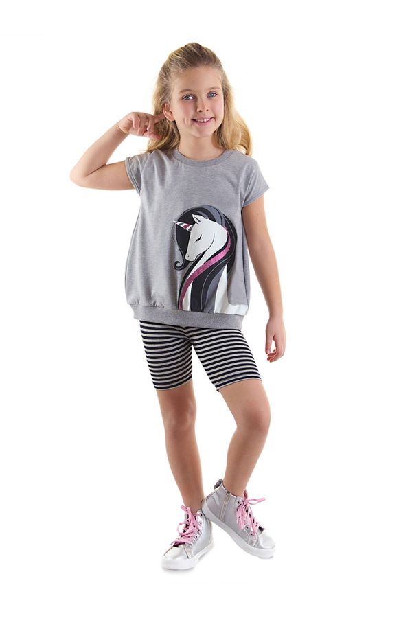 Denokids Denokids Striped Unicorn Girl Gray Black Summer T-shirt Tights Set