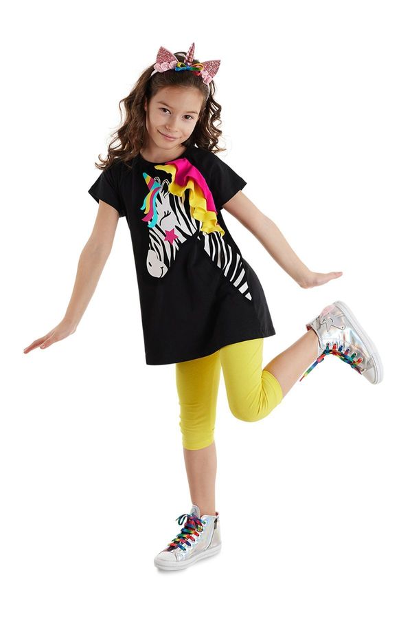 Denokids Denokids Zebracorn Black Yellow Ruffle Girl's Summer T-Shirt Tunic Tights Set