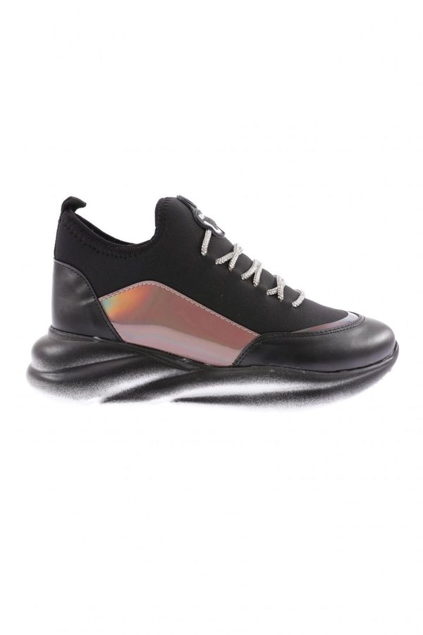 DGN DGN 315-23y Women's Thick Sole Strech Detailed Silver Stone Lace-Up Sneakers Shoes Black