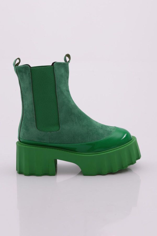 DGN DGN Es804 Women's Thick Sole Stretch Detailed Heeled Boots GREEN SUEDE GREEN PATENT LEATHER