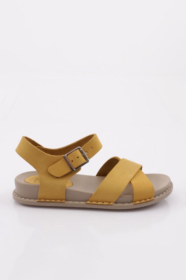 DGN DGN P31 Women's Cross Strap Sandals Genuine Leather Yellow Nubuck