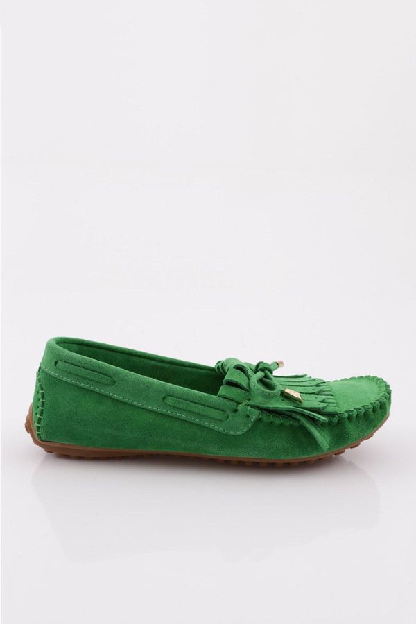 DGN DGN Women's Tassel Detailed Loafer Shoes Green Suede Genuine Leather