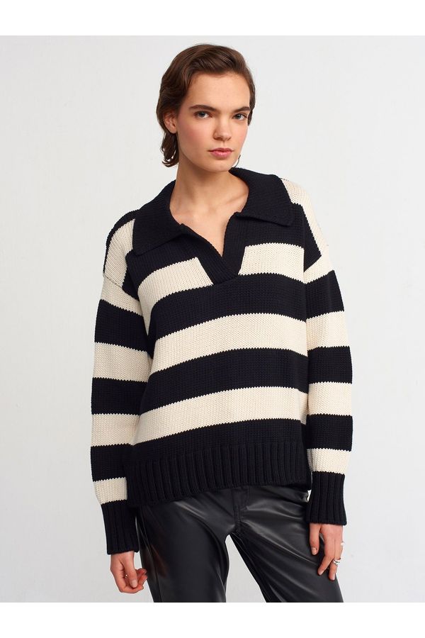 Dilvin Dilvin 10195 Polo Neck Striped Sweater-black
