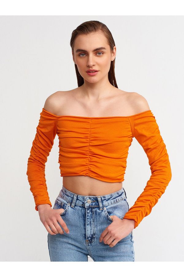 Dilvin Dilvin 10201 Off-Shoulder Gathered Sweater-orange